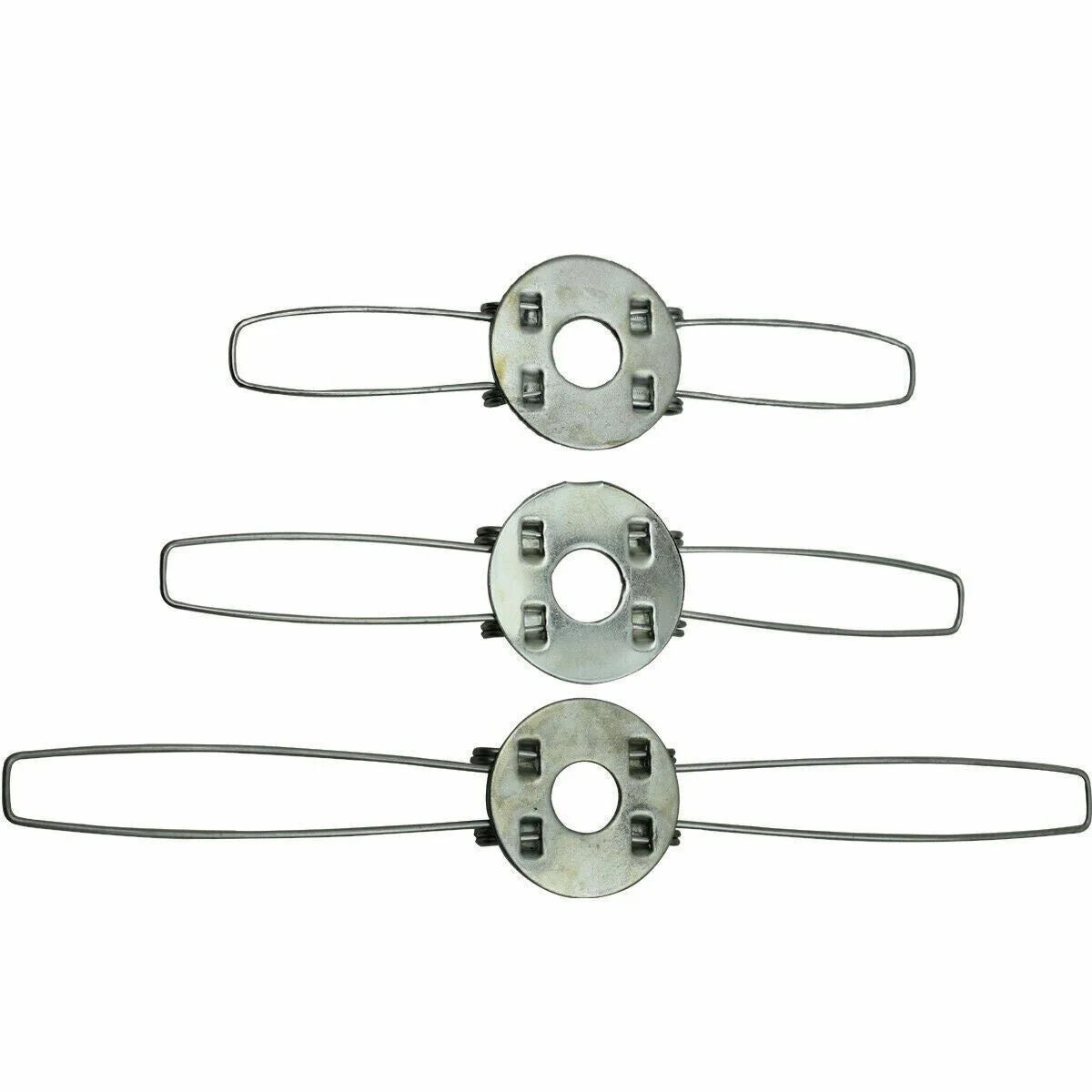 Circular metal lamp shade spring clip with two rectangular wire arms for securing lampshades, lightweight and sturdy design