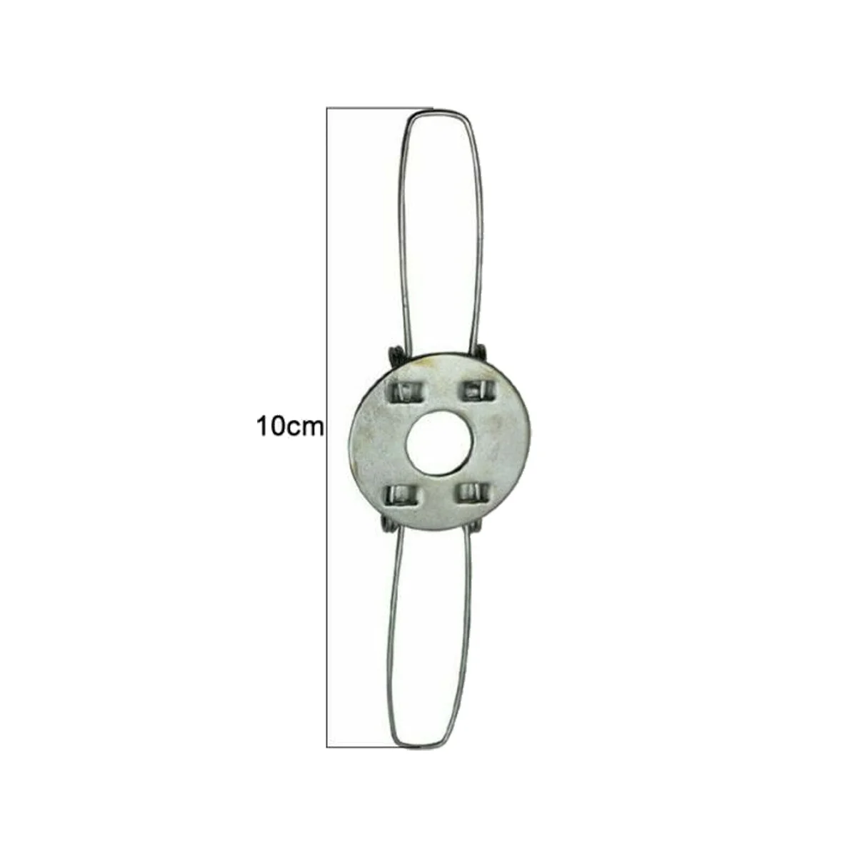 Circular metal spring clip retainer with two wire arms, designed for securing lamp shades in lighting fixtures
