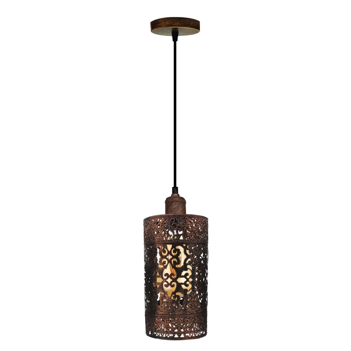 Vintage style metal cage pendant light with E27 base, adjustable cable, and sloped ceiling adaptability shown in indoor setting