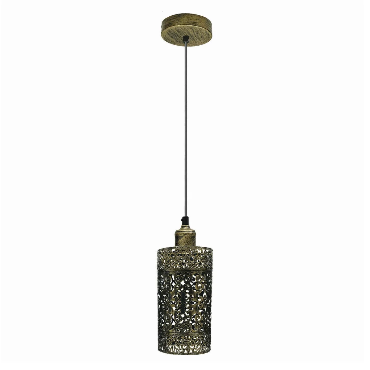 Vintage style metal cage pendant light with E27 base, adjustable cable, and hardwired ceiling rose fitting accessories