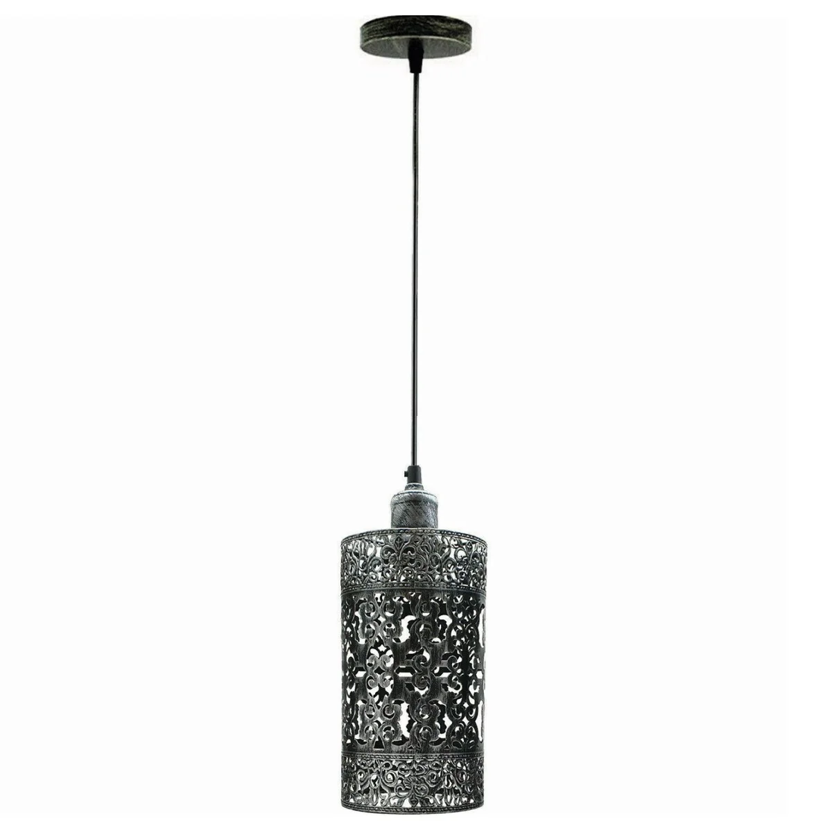 Metal cage pendant light with vintage metal lampshade, E27 base, hanging cord, and ceiling rose fitting accessories