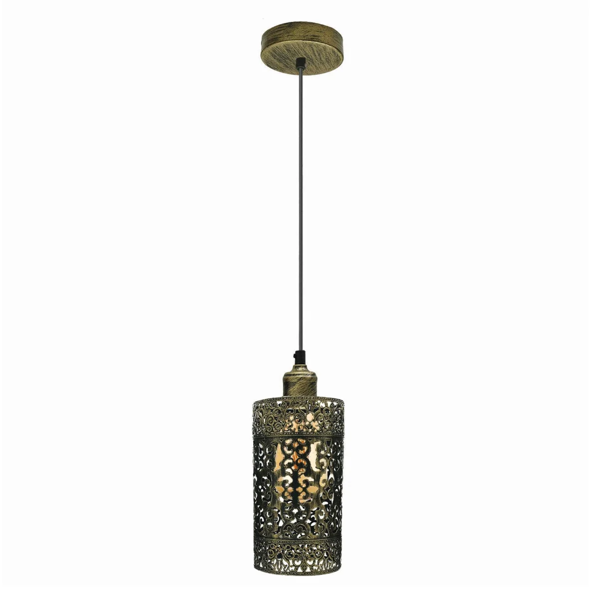 Vintage style metal cage pendant light with adjustable cable and E27 bulb holder, shown hanging indoors against white background