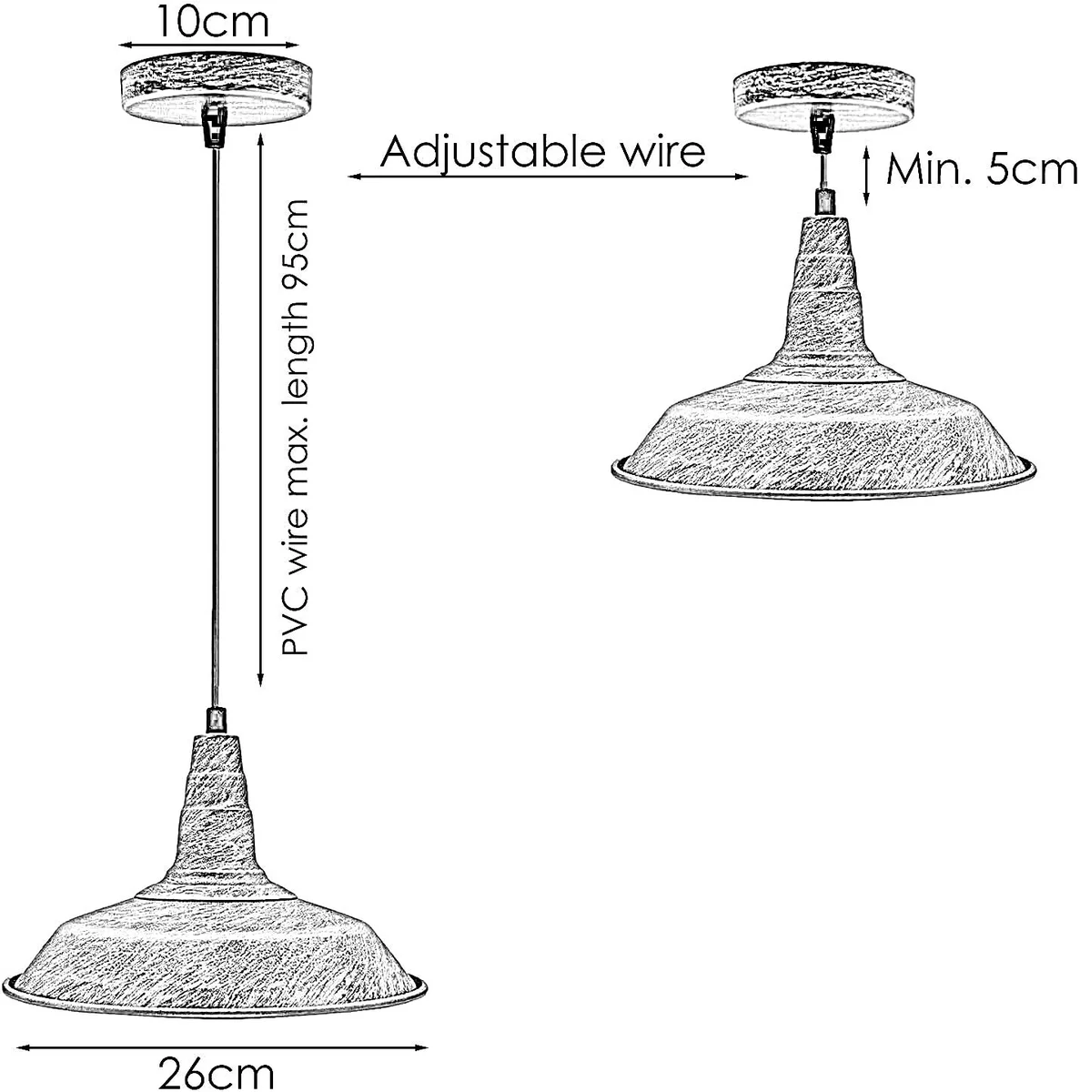 Modern brushed brass E27 pendant light with metal shade and 95cm PVC cable hanging from ceiling plate