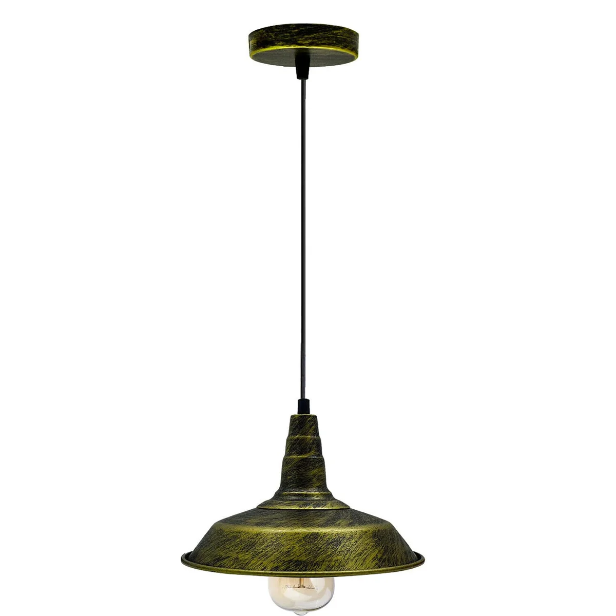 Modern pendant ceiling light with brushed brass metal shade and 95cm PVC cable hanging from ceiling plate