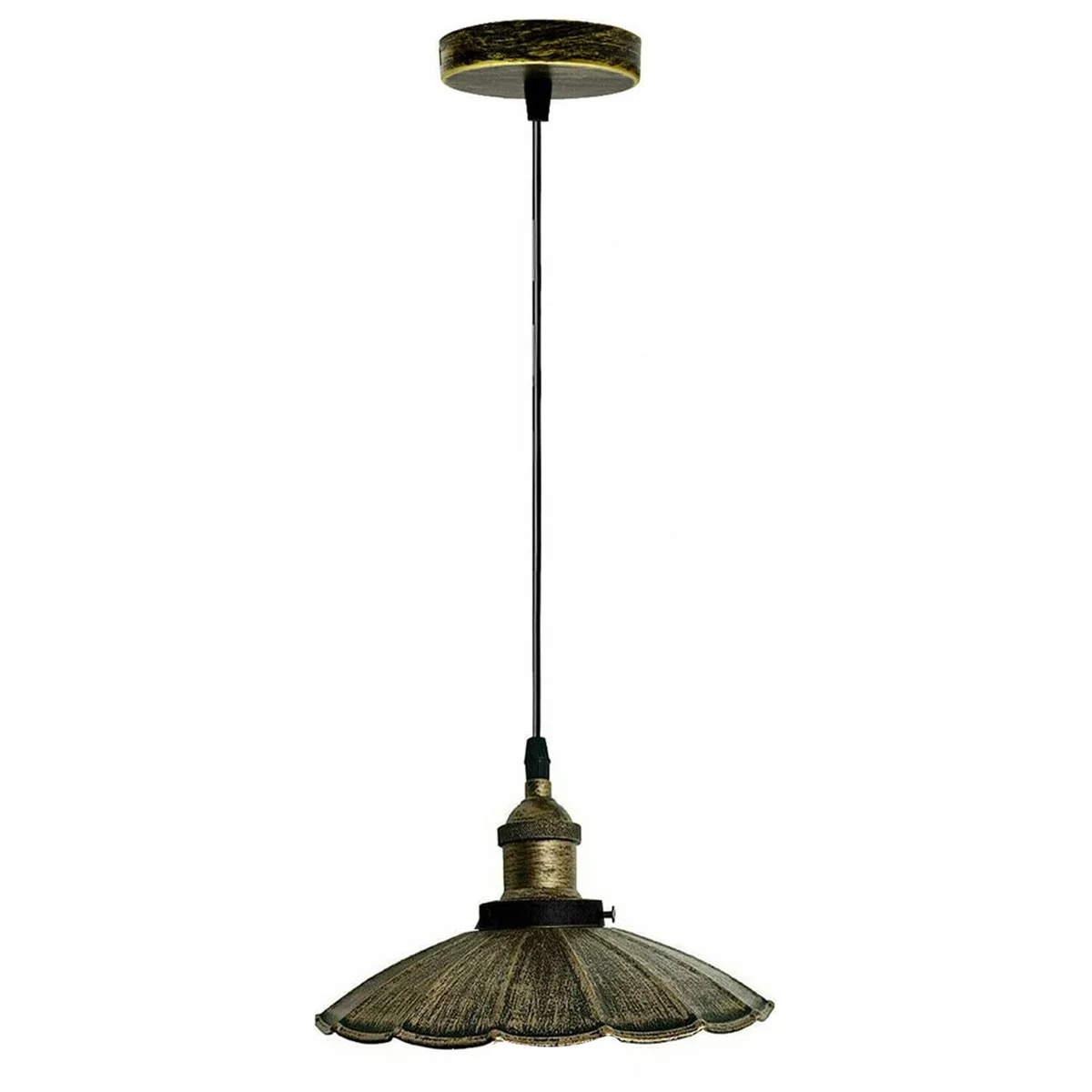 Modern pendant ceiling light with brushed brass metal shade and 95cm PVC cable hanging against white background