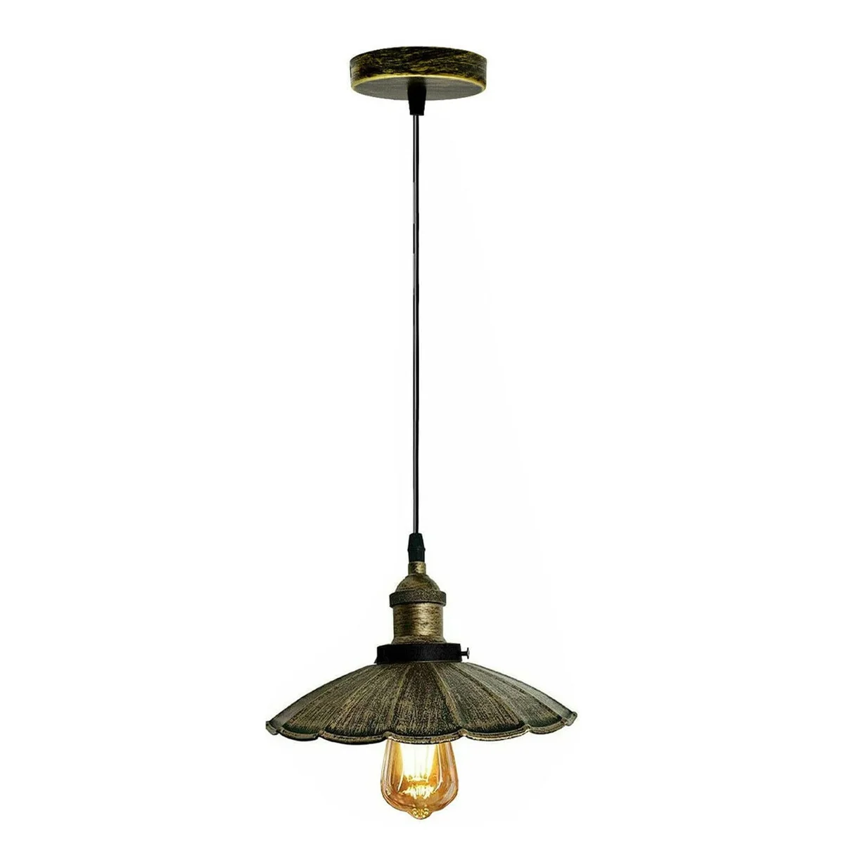 Modern pendant ceiling light with brushed brass metal shade and 95cm PVC cable hanging from ceiling plate