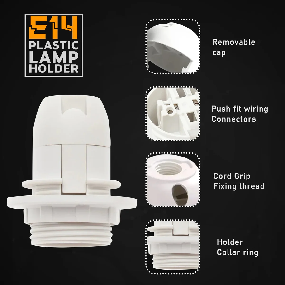 Five black small Edison screw sockets with 39mm shade collars arranged on a white background