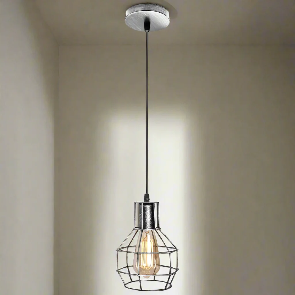 Black metal industrial wire cage pendant light with multiple bulbs and adjustable height hanging from ceiling