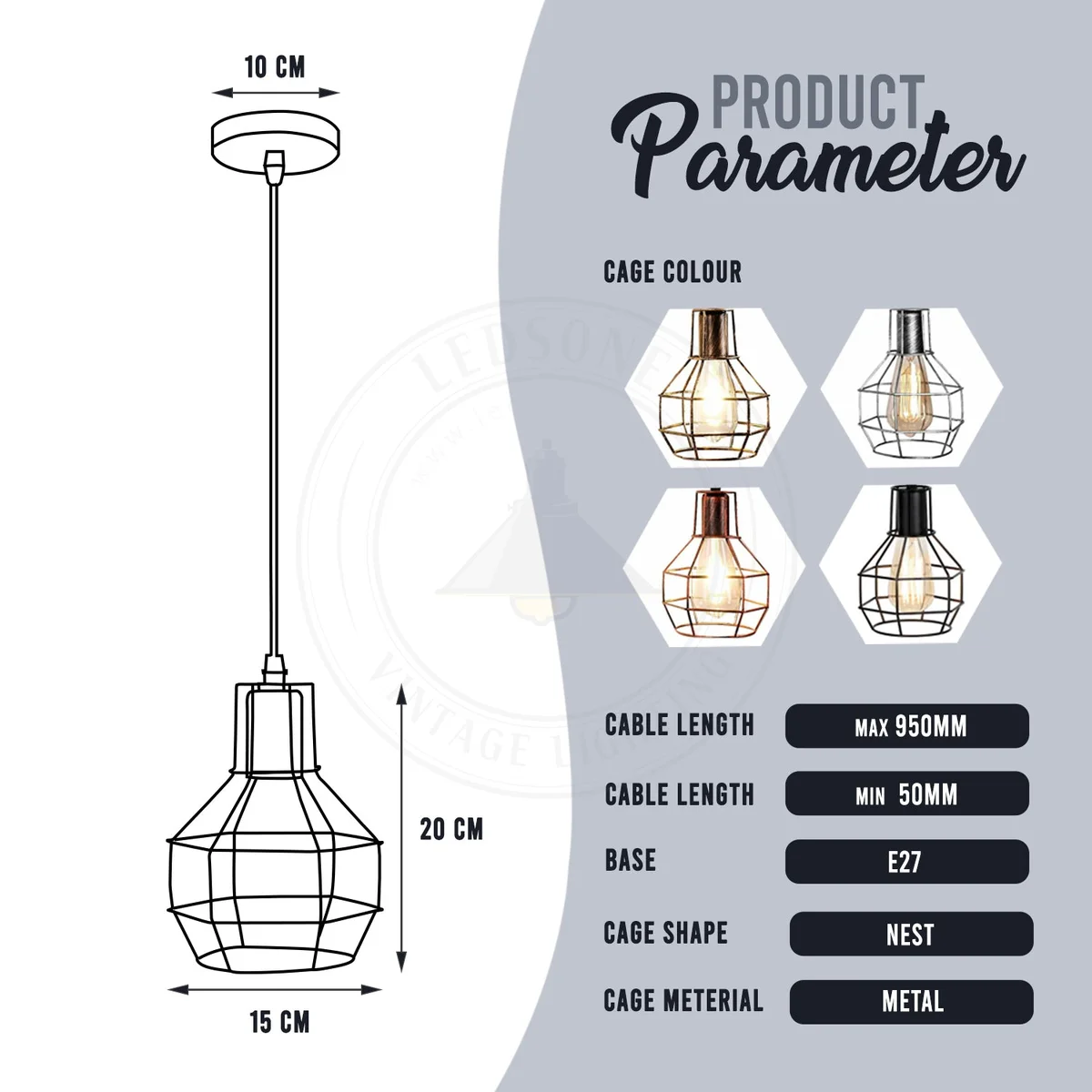 Black metal pendant light with industrial wire cage design and adjustable height, suitable for modern interiors