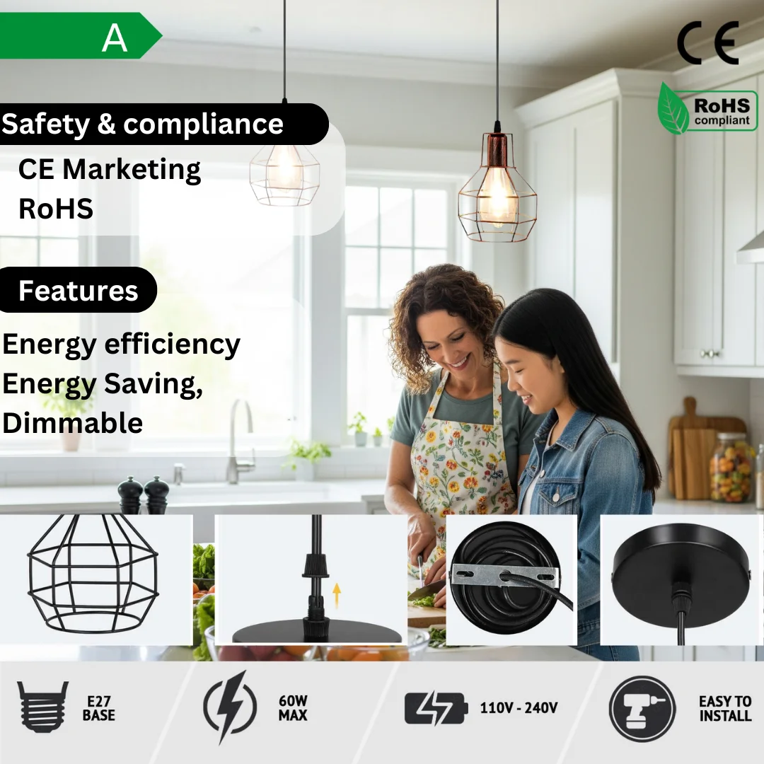 Black metal wire cage dimmable ceiling light with adjustable height and cluster bulb design for modern interiors