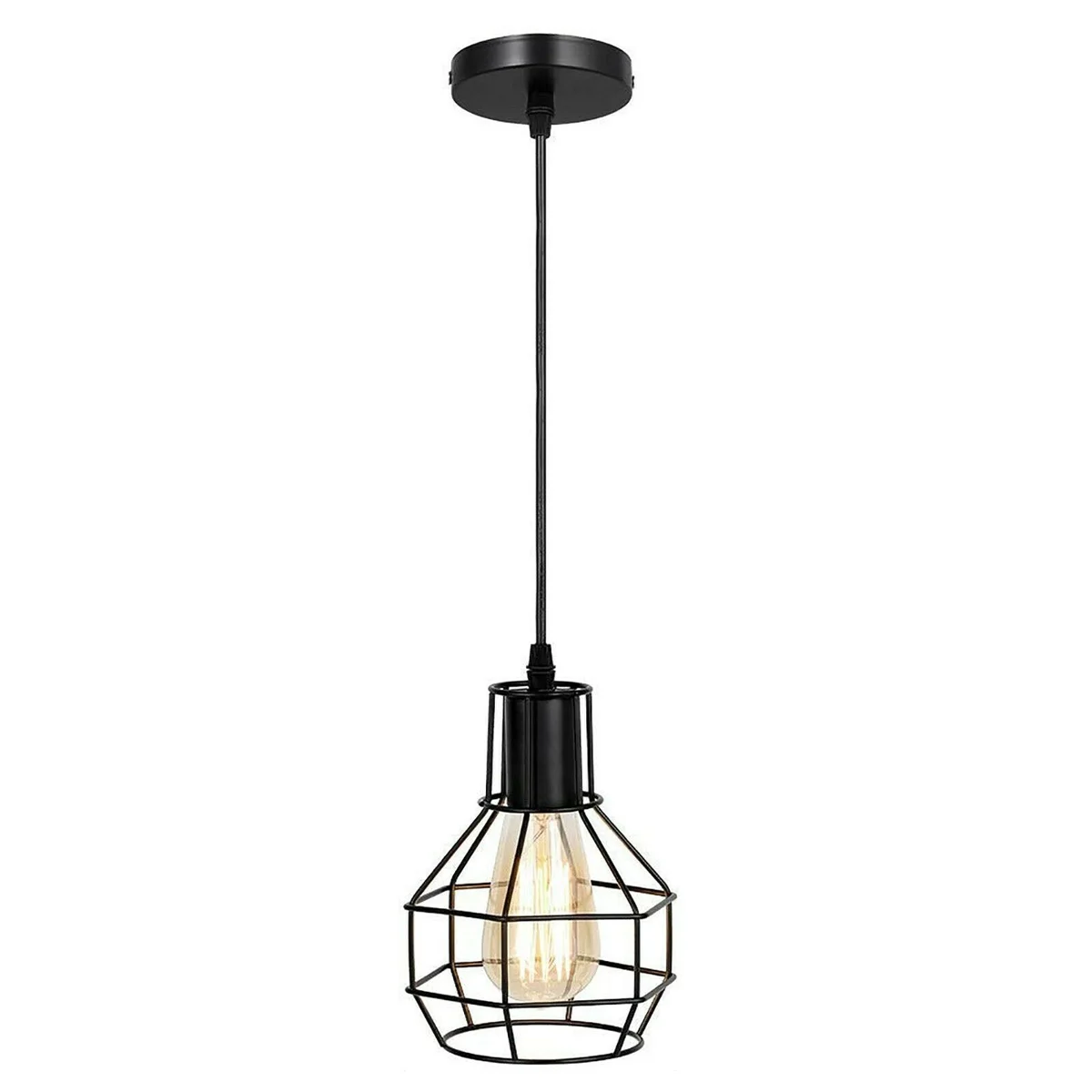 Black wire cage light pendant with adjustable height and cluster bulbs in a modern industrial design
