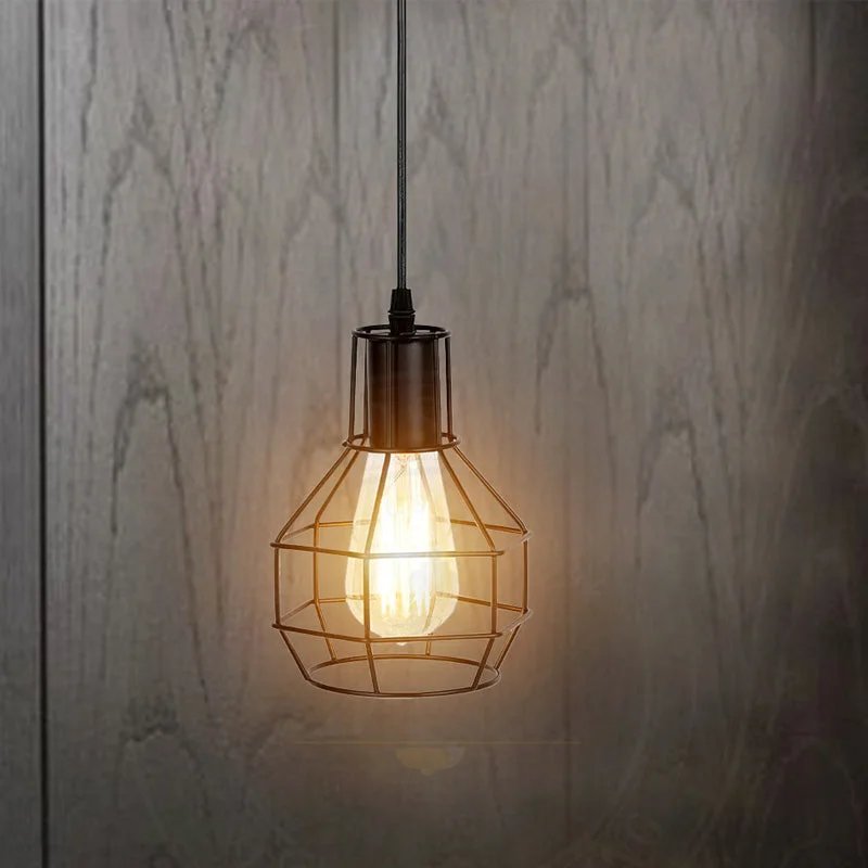 Black metal wire cage energy efficient pendant light with adjustable height and cluster bulb design on white background