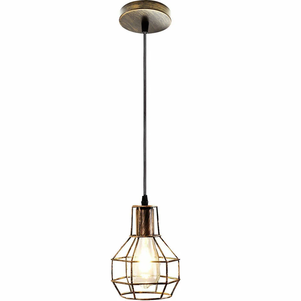 Black industrial wire cage pendant light with adjustable height and multiple bulbs, shown in rustic red finish against white background
