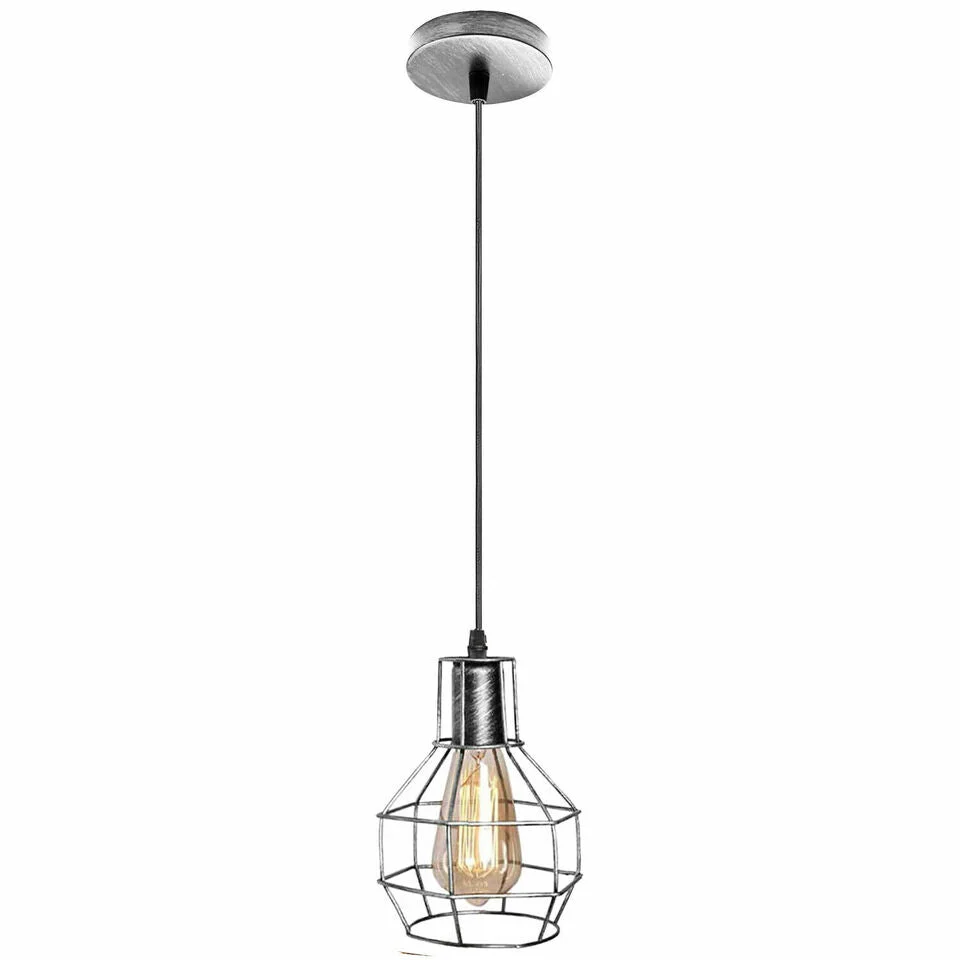 Black metal industrial wire cage pendant light with adjustable height, ceiling rose, and multiple bulbs in a modern setting