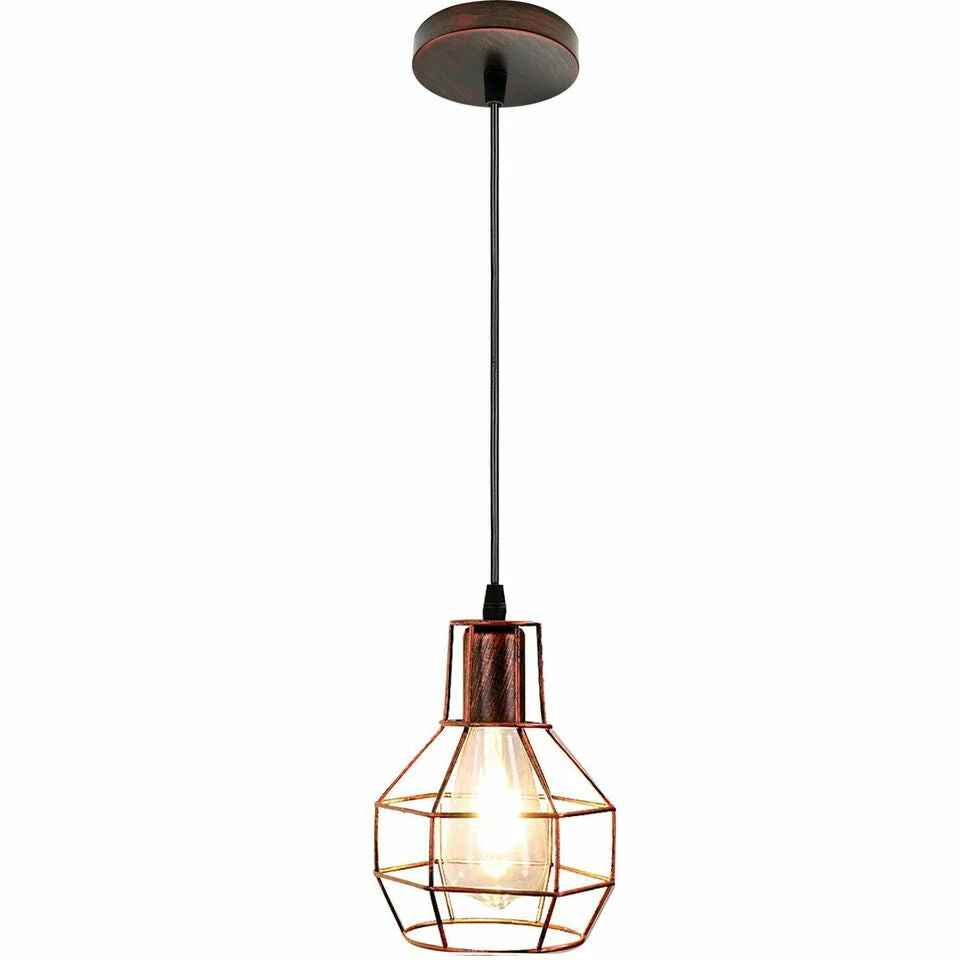 Black industrial wire cage pendant light with adjustable height and cluster bulb design hanging in a modern room