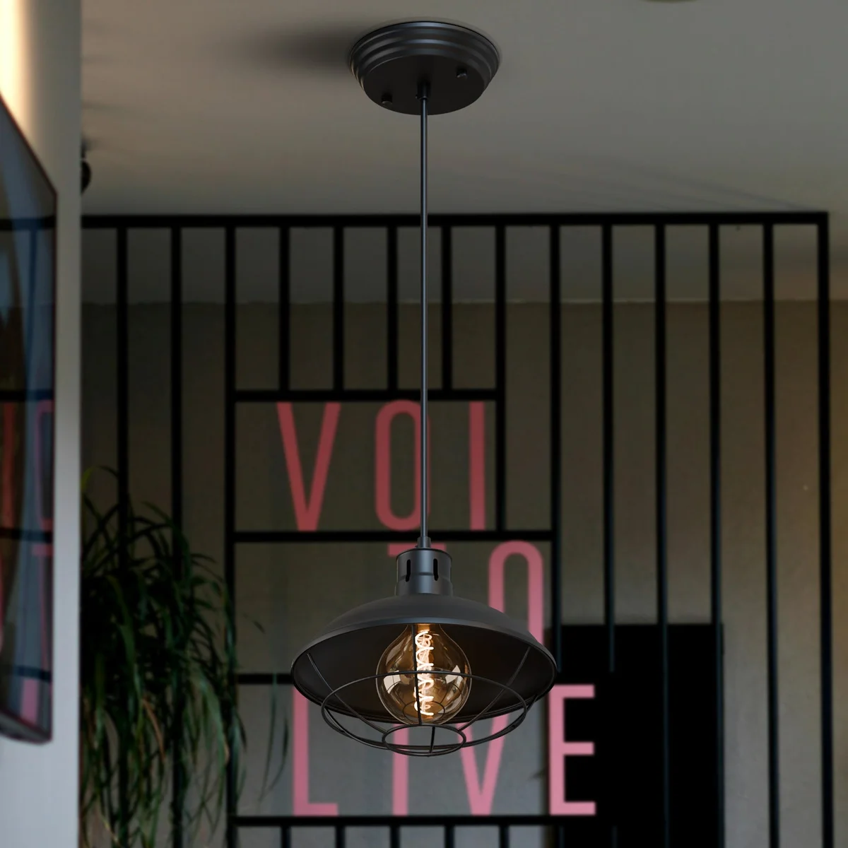 Vintage pendant light with weathered metal wire cage, polished aluminium frame, and adjustable hanging cord