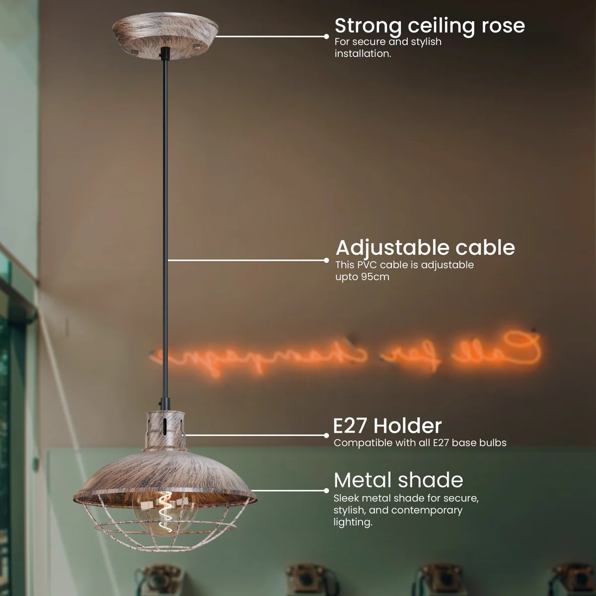 Vintage pendant light with polished metal wire cage and adjustable hanging cord against white background