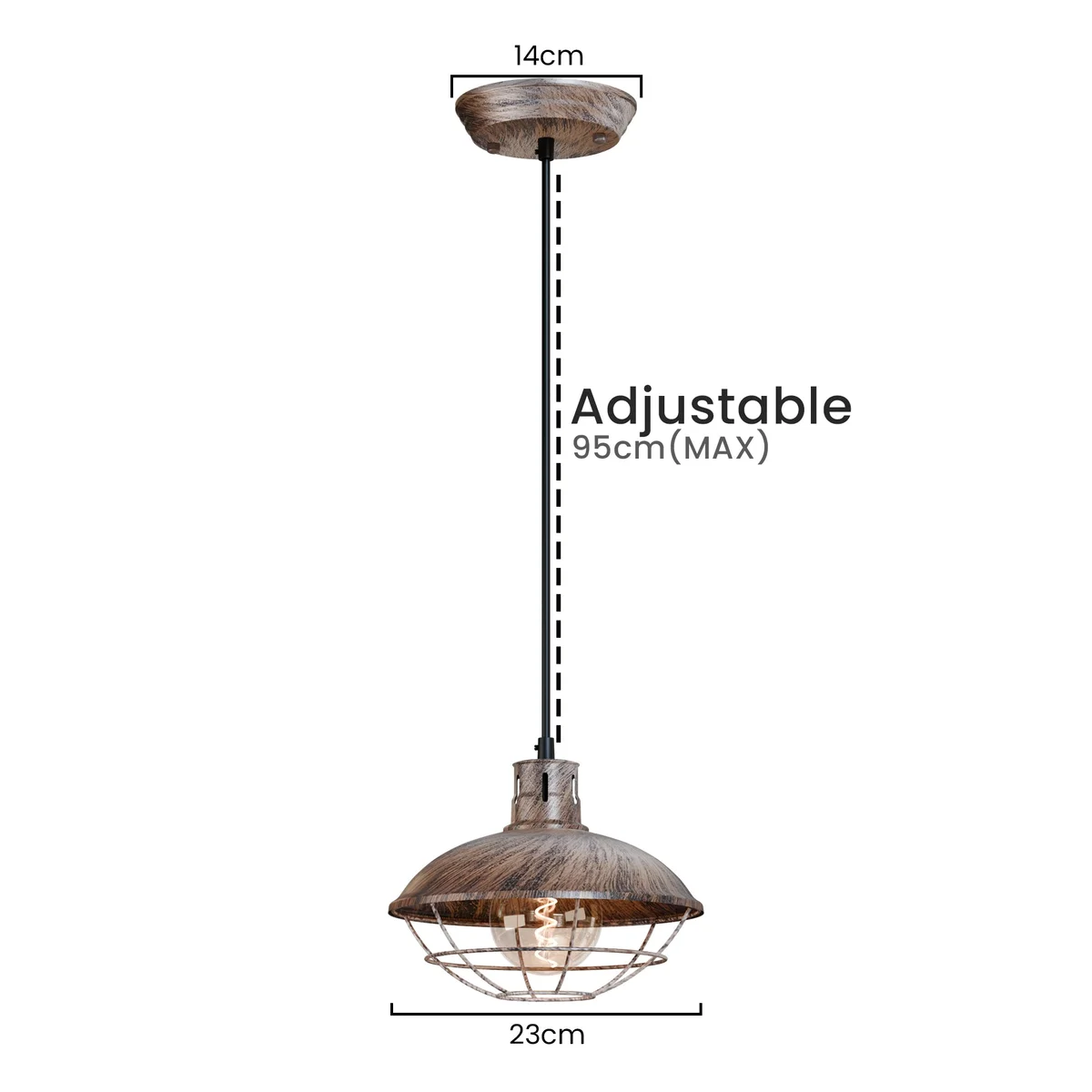 Vintage pendant light with weathered metal cage and polished steel frame hanging from adjustable cord against white background