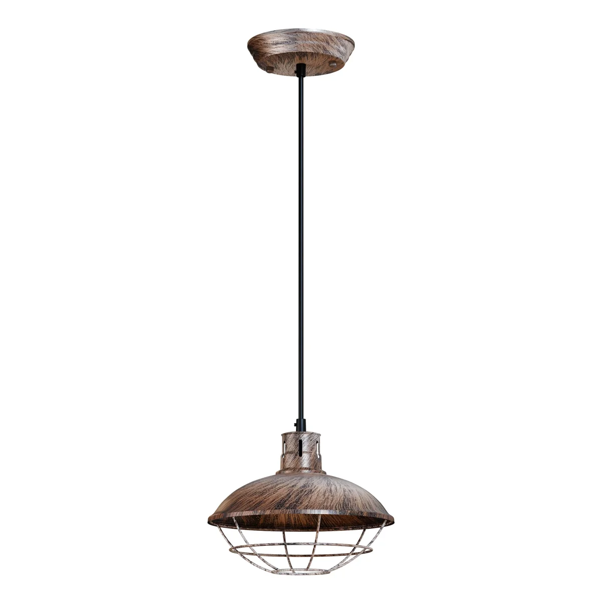 Vintage pendant light with weathered metal finish and polished wire cage, adjustable hanging cord, ceiling mounted design