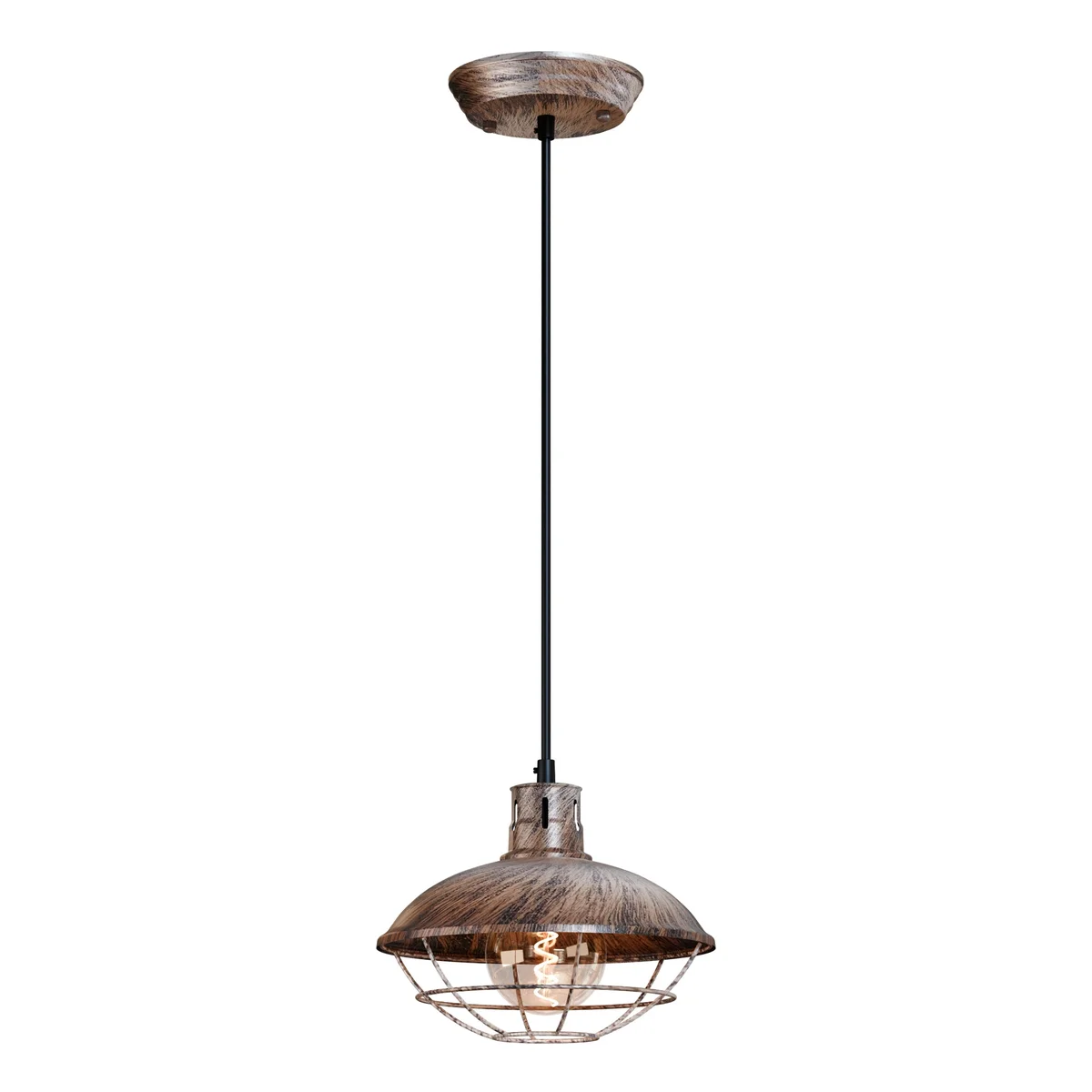 Vintage pendant light with polished metal wire cage and adjustable hanging cord against a white background