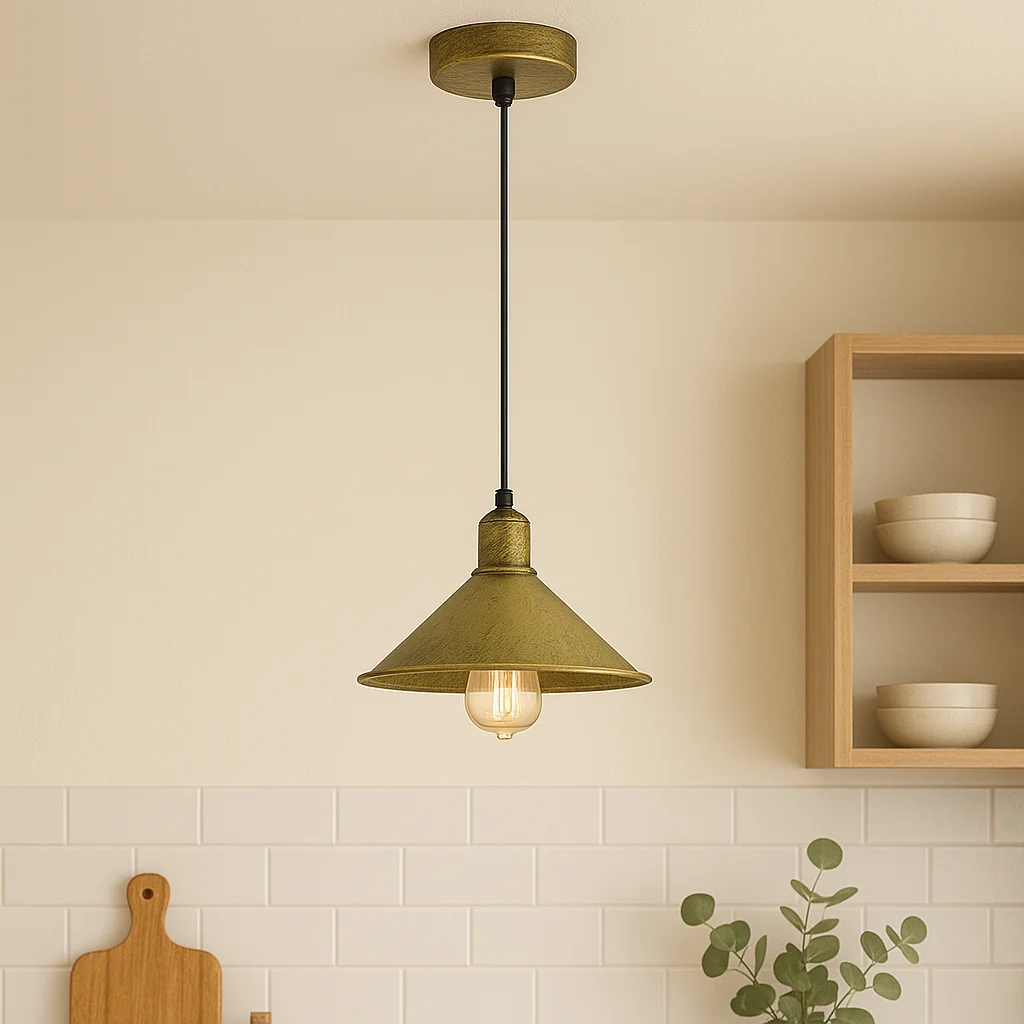 Retro industrial pendant light with brushed brass metal shade and exposed 60W bulb on 95cm cord hanging ceiling fixture