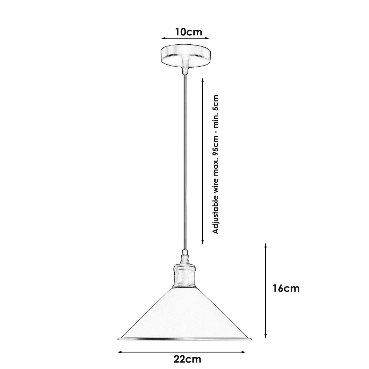 Modern pendant light with brushed brass metal shade and exposed 60W bulb, hanging from 95cm PVC cord