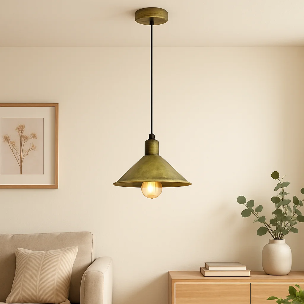 Brushed brass E27 pendant light with metal shade and 95cm PVC cable, modern retro industrial design fixture