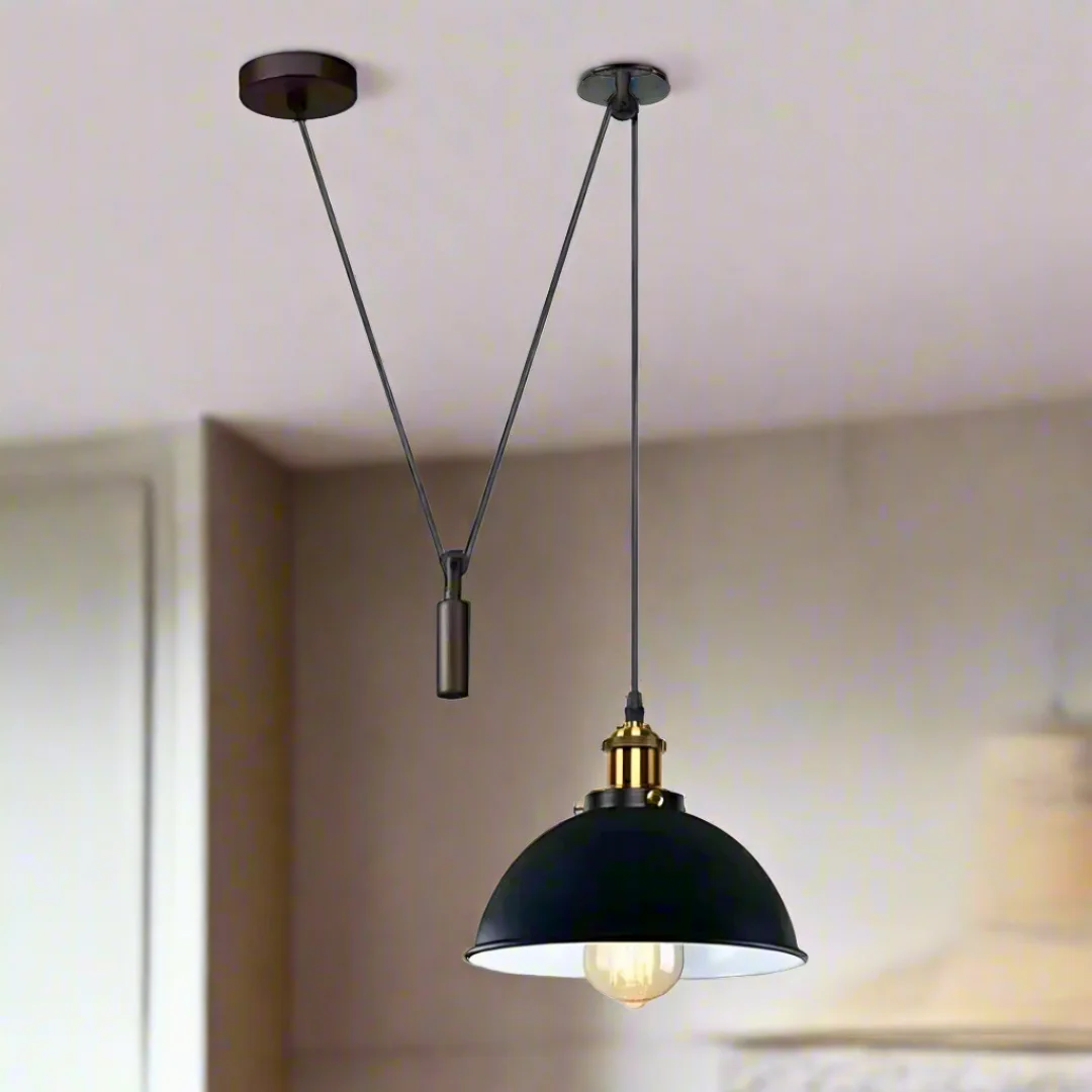Black industrial loft pendant light with white metal lampshade and 200cm cable, vintage style for home or office lighting