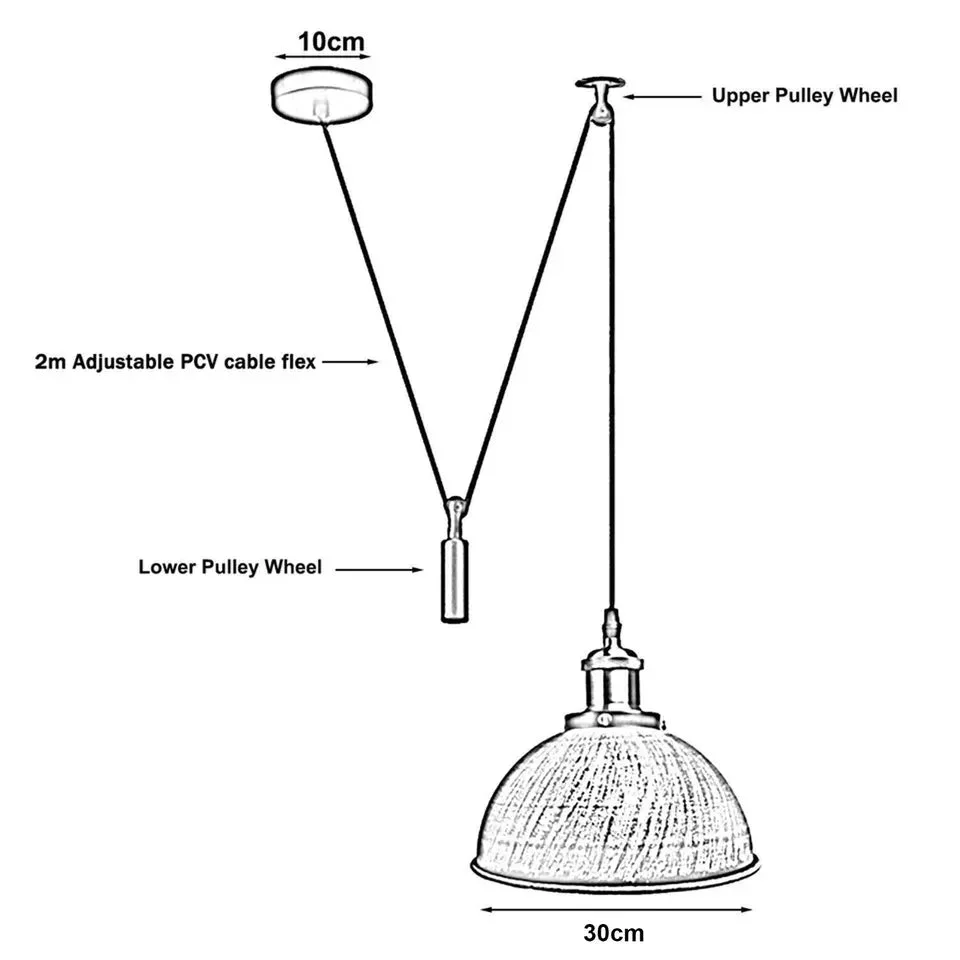 Black vintage metal pendant light with white interior, 30cm lampshade and 200cm cable hanging from ceiling plate