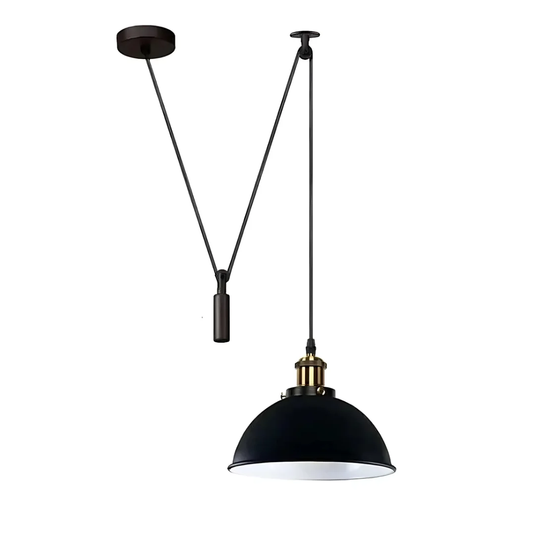Black vintage metal industrial loft pendant light with white inner shade, showcasing soft ambient lighting in a room setting