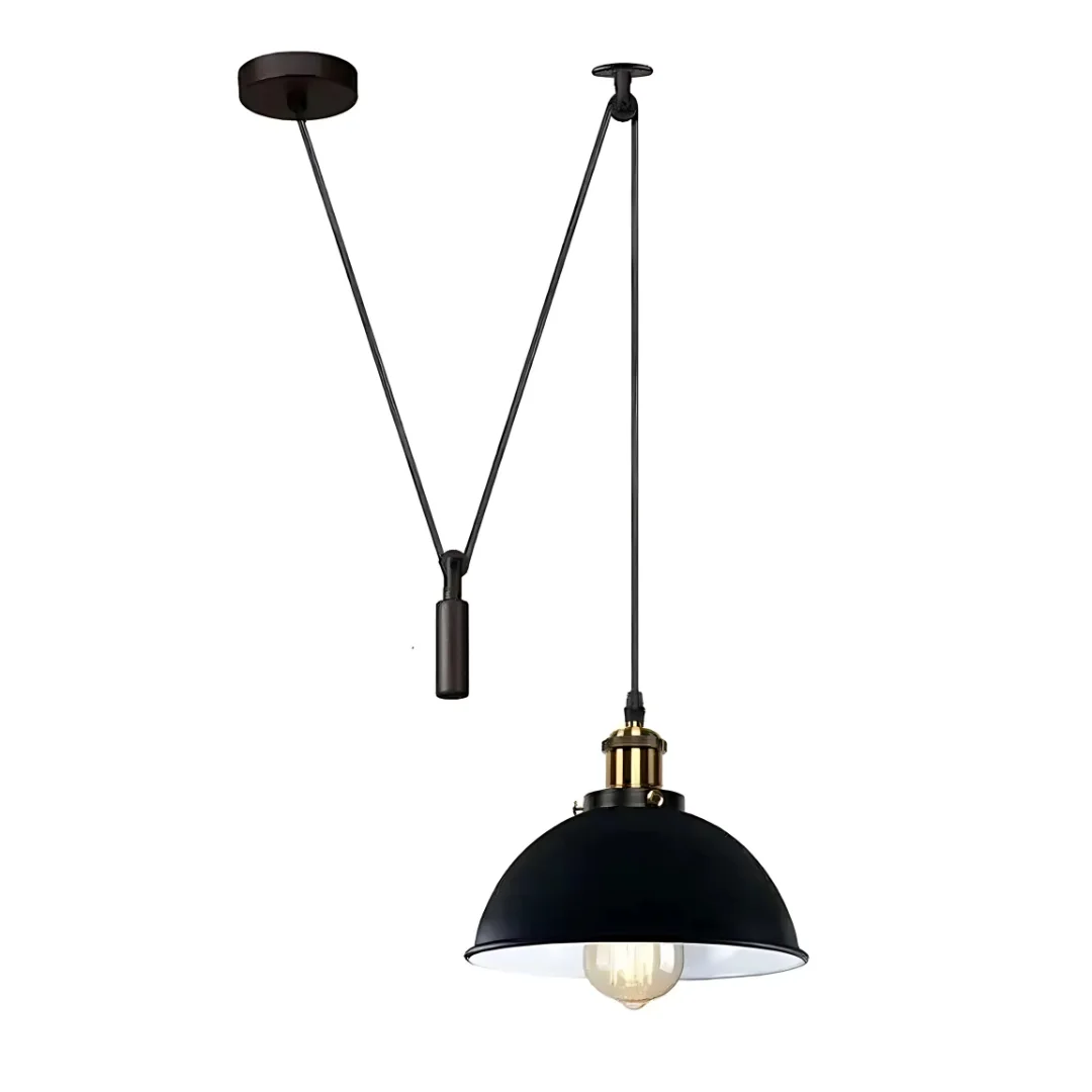 Black vintage metal space saving pendant light with white interior lampshade and 200cm cable hanging from ceiling plate