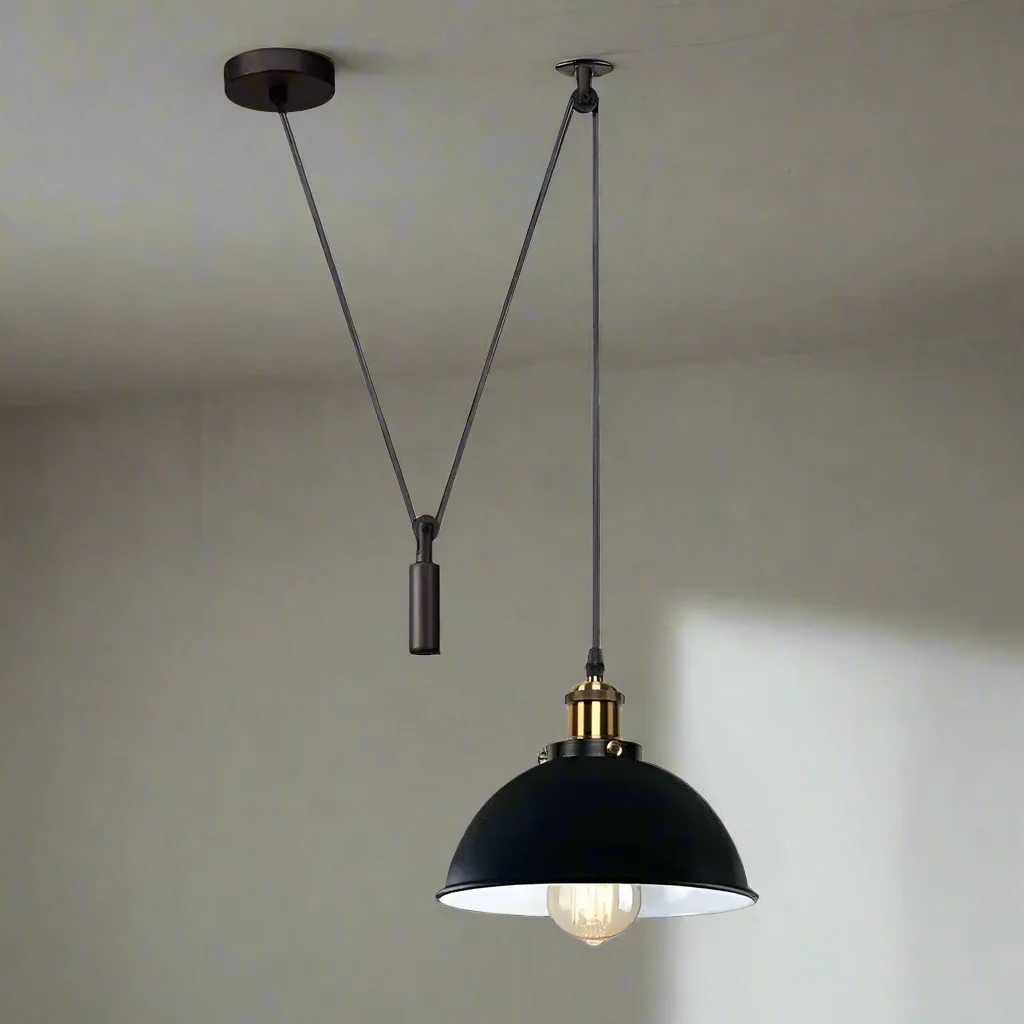 Black industrial loft pendant light with white metal lampshade, 200cm cable, and pulley system hanging from ceiling