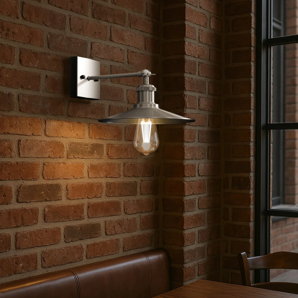 Satin nickel industrial wall light shade with iron frame and light arm mounted on wall, socket ready for E27 bulb.
