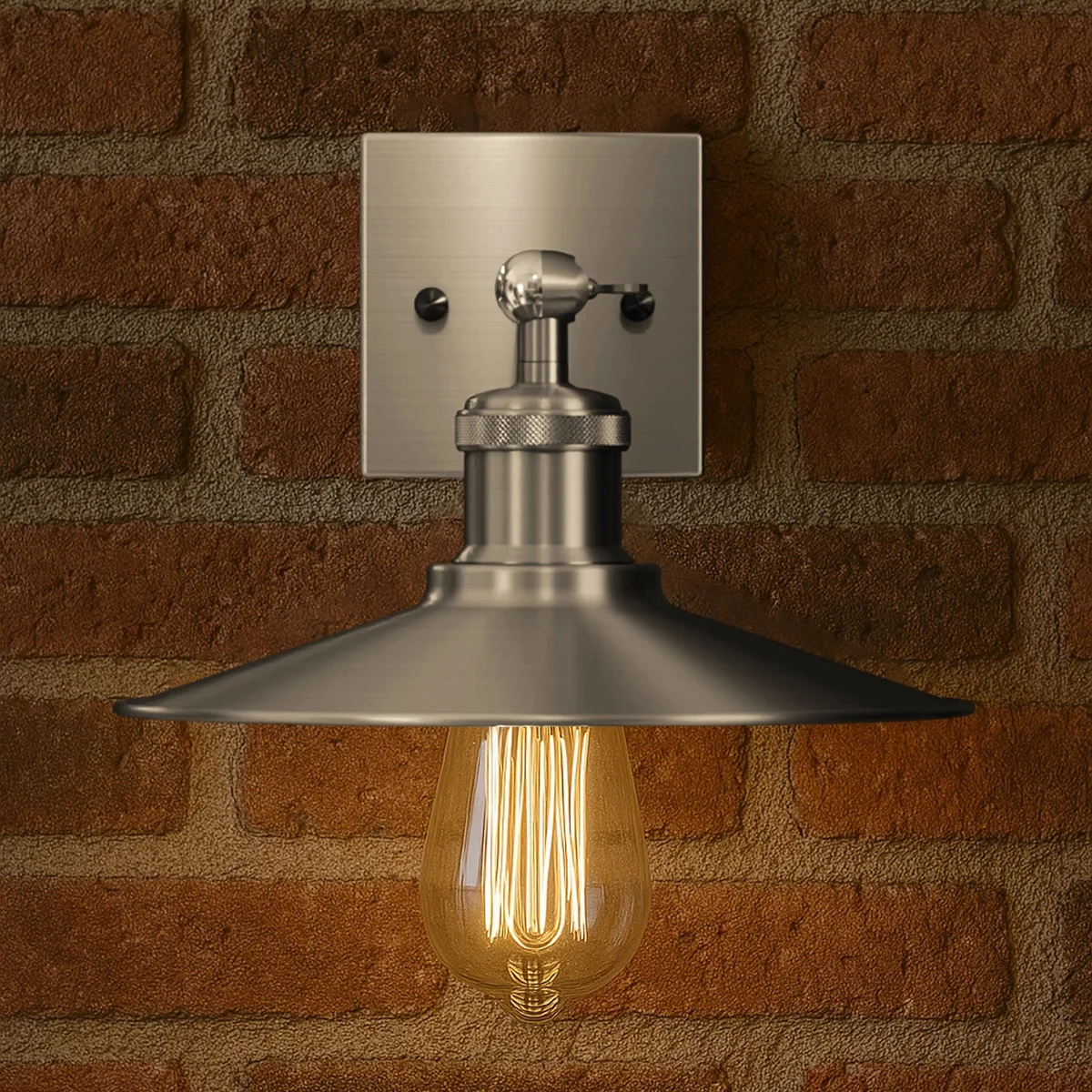 Satin nickel iron wall light shade with holder and arm, ready to mount on wall.