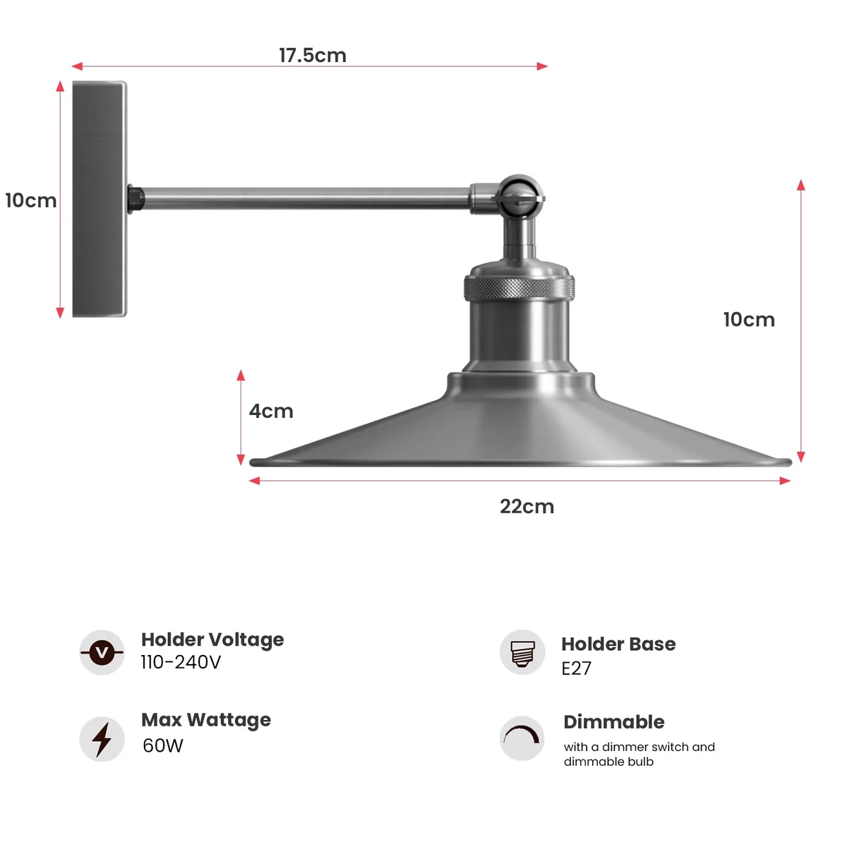 E27 wall sconce in satin nickel metal, iron base, shade and light arm for living room