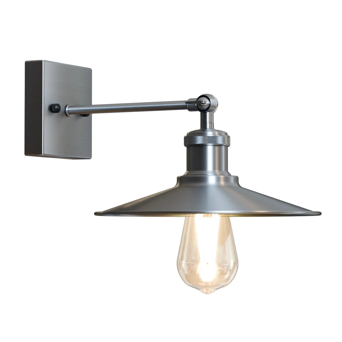 Satin nickel industrial‑style modern wall light with iron shade, E27 socket, sleek contemporary design