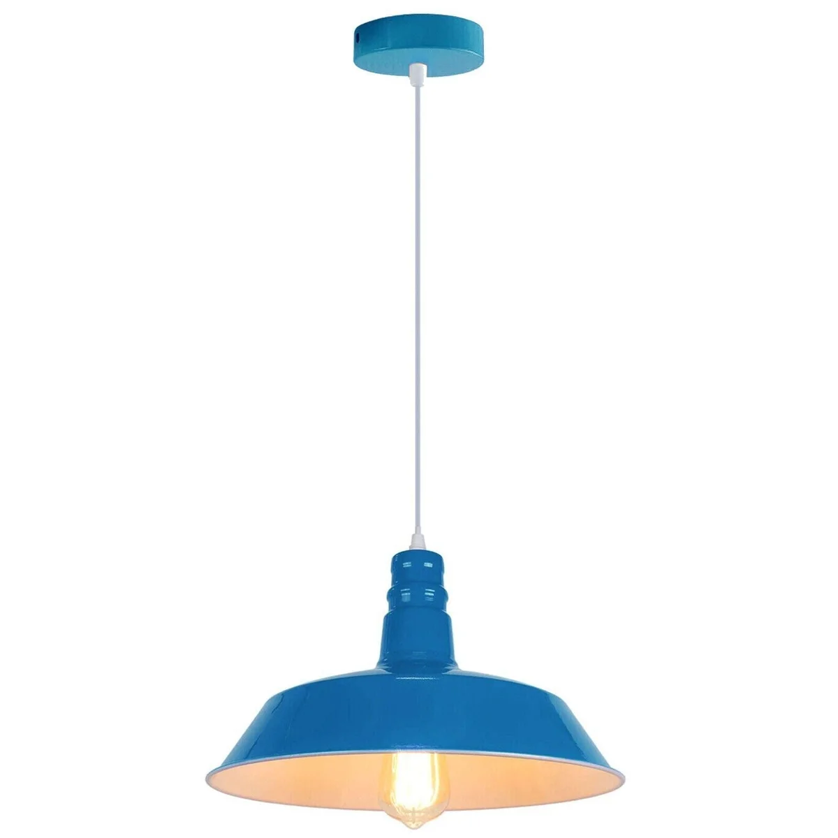 Yellow modern kitchen pendant light with metal barn slot shade hanging from ceiling on adjustable cord
