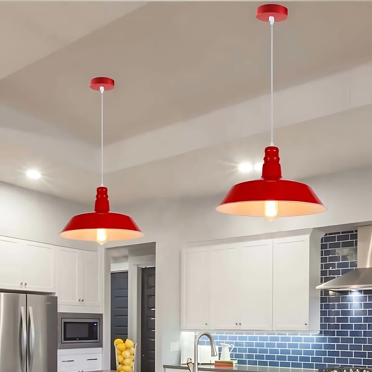 Modern metal pendant light with barn slot shade in blue, ideal for indoor kitchen lighting, hanging from ceiling with adjustable cable