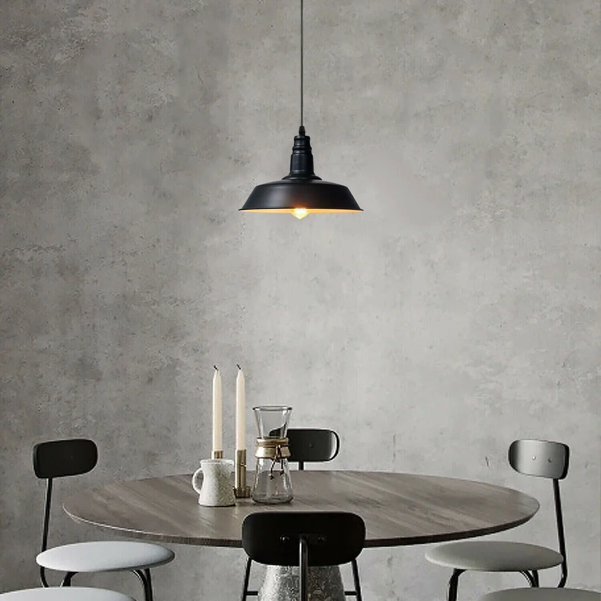 Modern kitchen pendant light with yellow metal barn slot shade and white inner colour, hanging from 95cm adjustable cable
