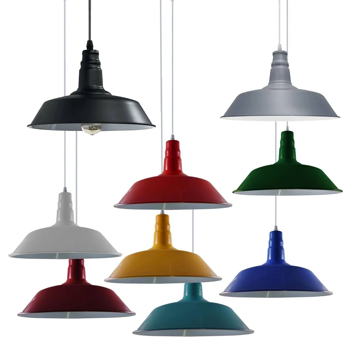 Modern kitchen pendant light with yellow metal barn slot shade hanging from adjustable 95cm cord against white background