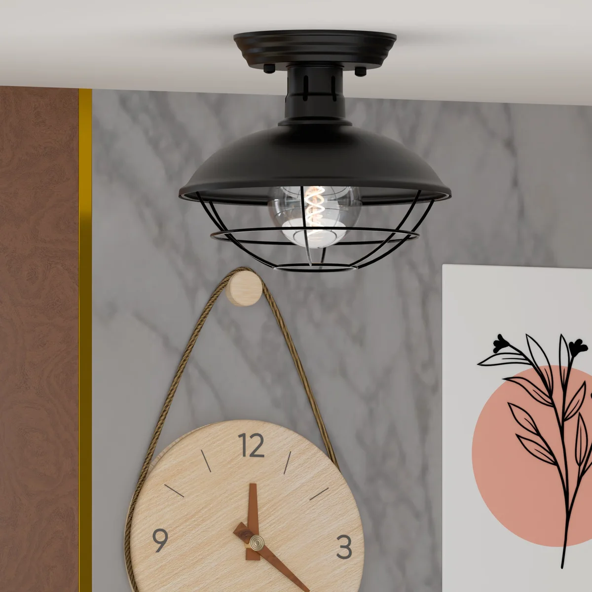 Rustic industrial pendant light with vintage metal cage design and E27 bulb fitting, semi-flush mount in black iron finish