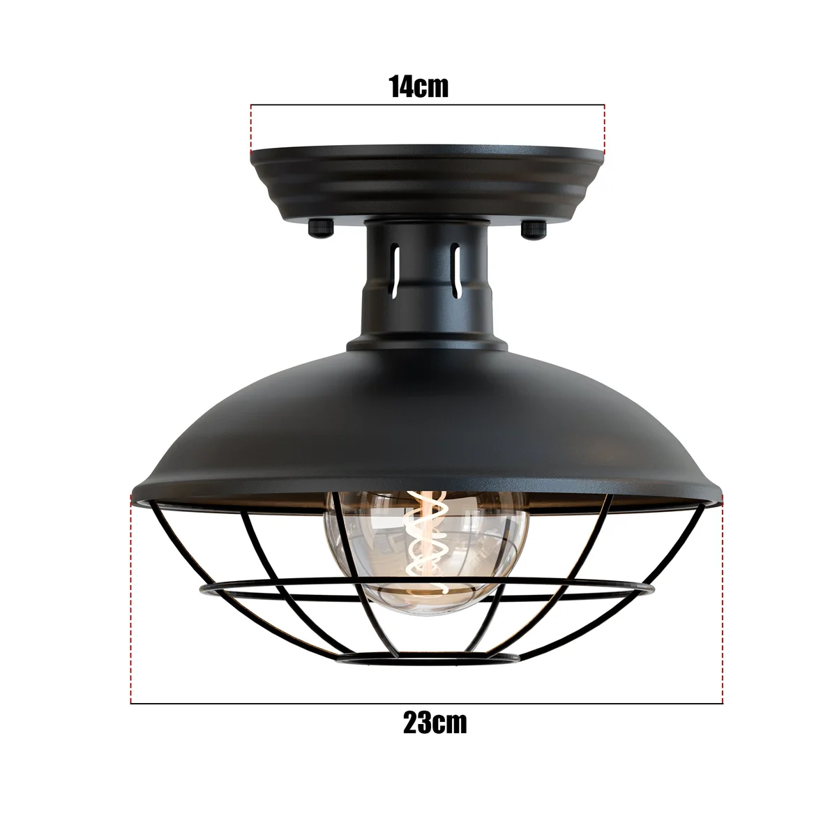 Vintage industrial barn pendant light with metal cage design and E27 bulb, semi-flush mount, 23cm wide