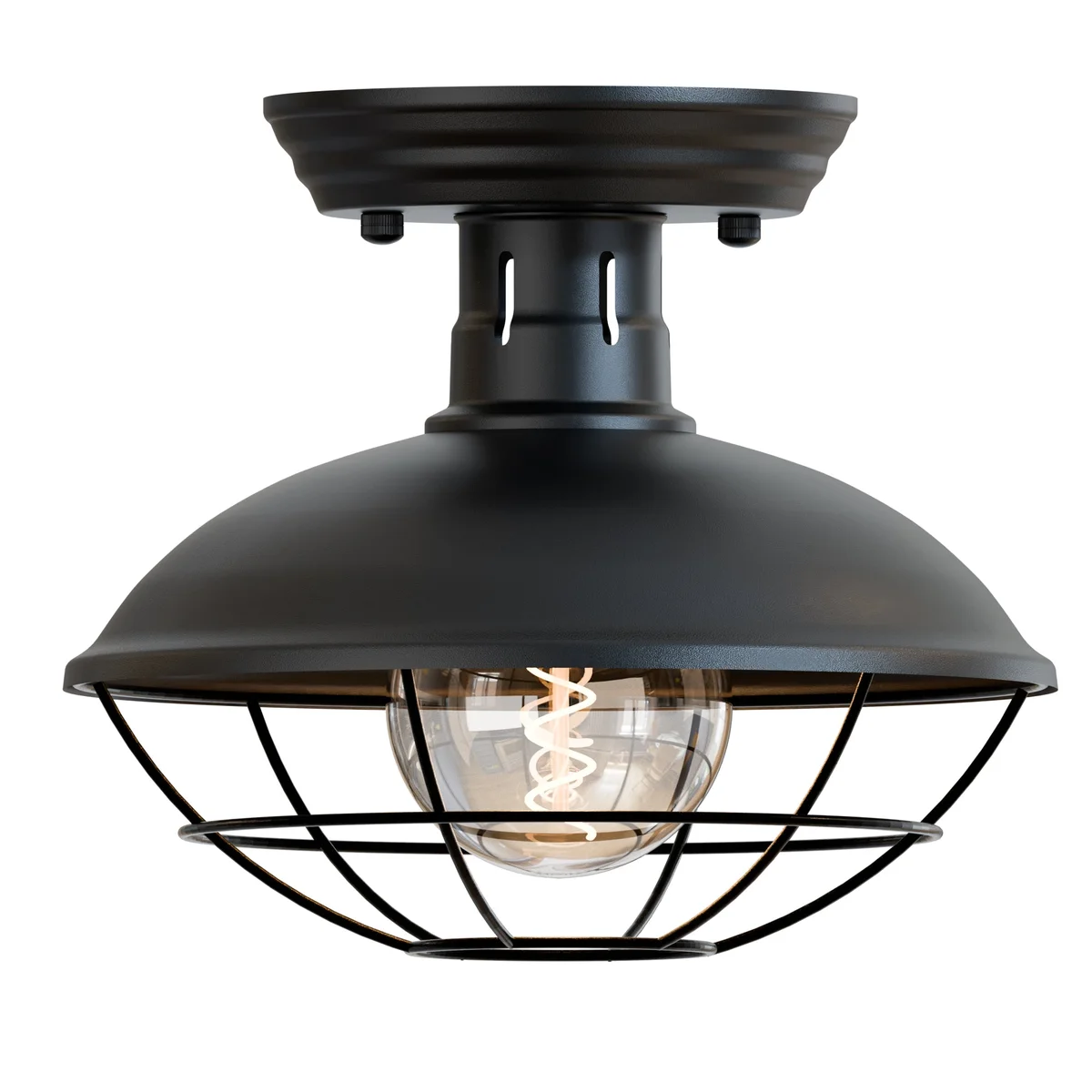 Vintage industrial metal cage light with open iron cage design and E27 bulb, semi-flush mount, 23cm wide