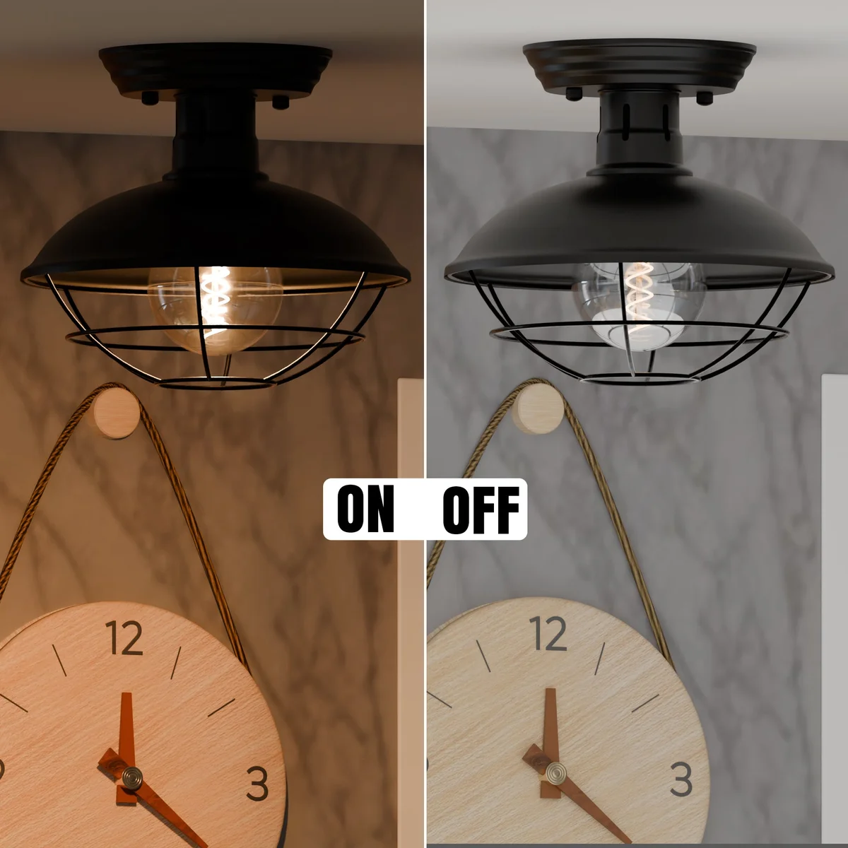 Vintage industrial lighting with a 23cm wide metal cage barn pendant light in black iron semi-flush mount design