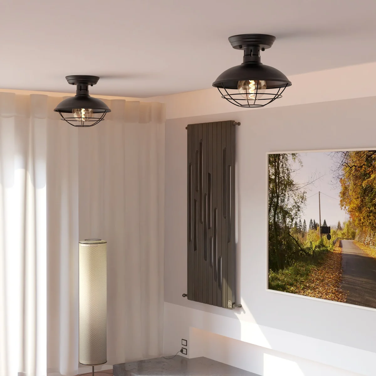 Vintage industrial metal cage E27 ceiling light with semi-flush mount, 23cm wide, rustic barn pendant style