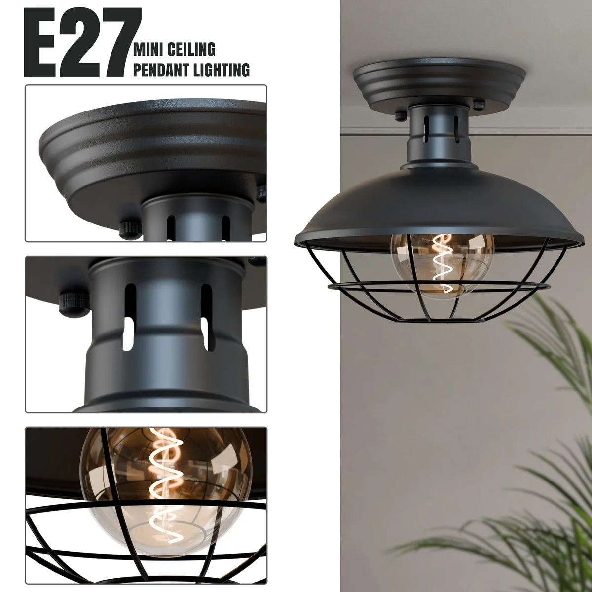 Mini industrial pendant light with vintage metal cage design and E27 bulb base, semi-flush mount in black iron finish