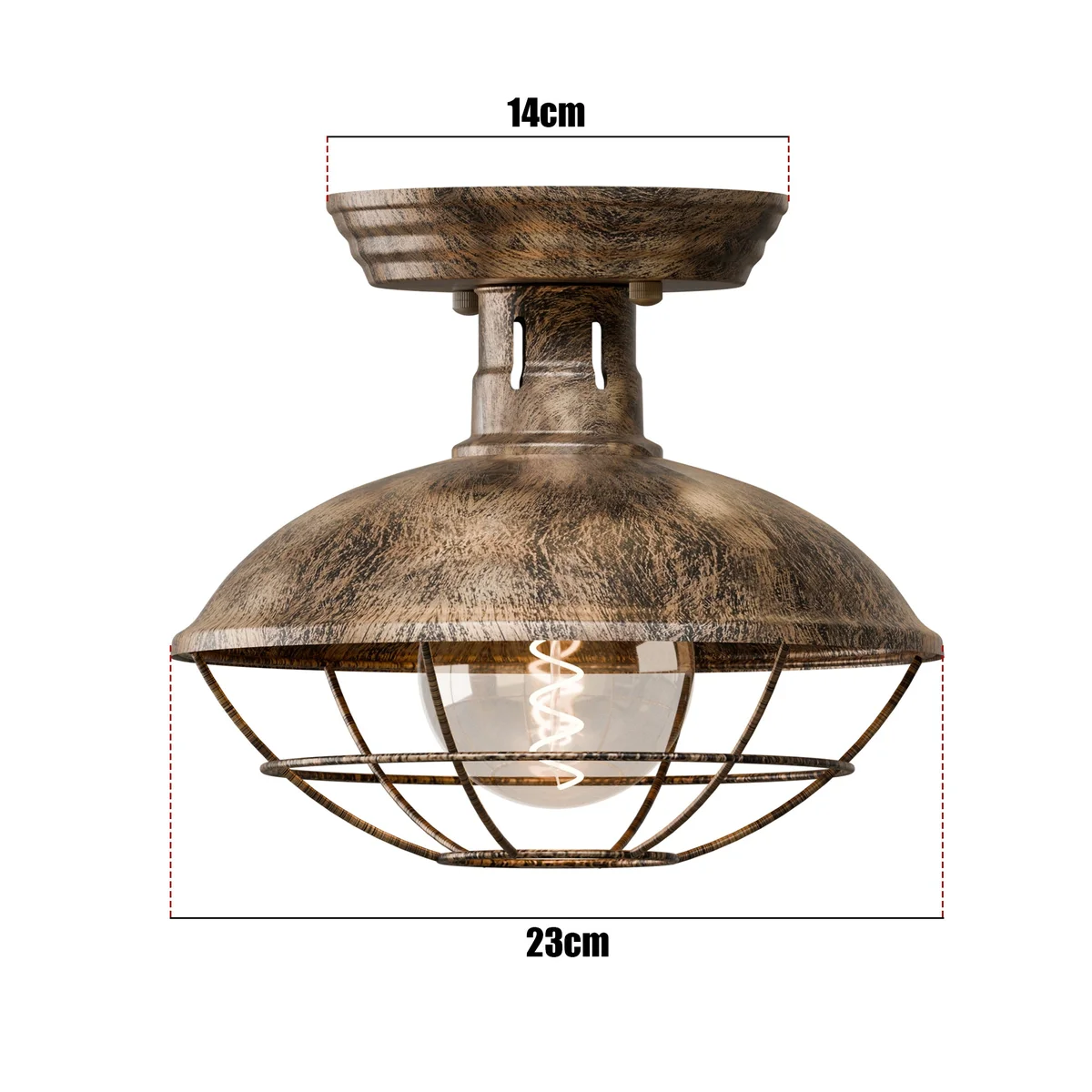 Vintage industrial pendant light with metal cage design and E27 bulb, semi-flush mount, 23cm width, rustic style