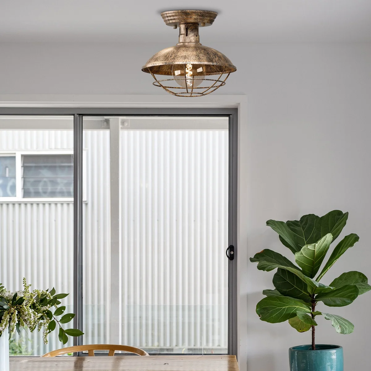 Industrial pendant light with vintage metal cage design, semi-flush mount, 23cm width, rustic industrial style