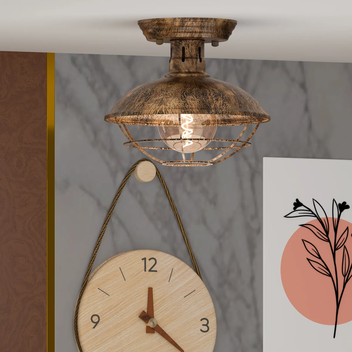 Rustic industrial pendant light with metal cage design, semi-flush mount, 23cm wide, vintage barn style in iron finish