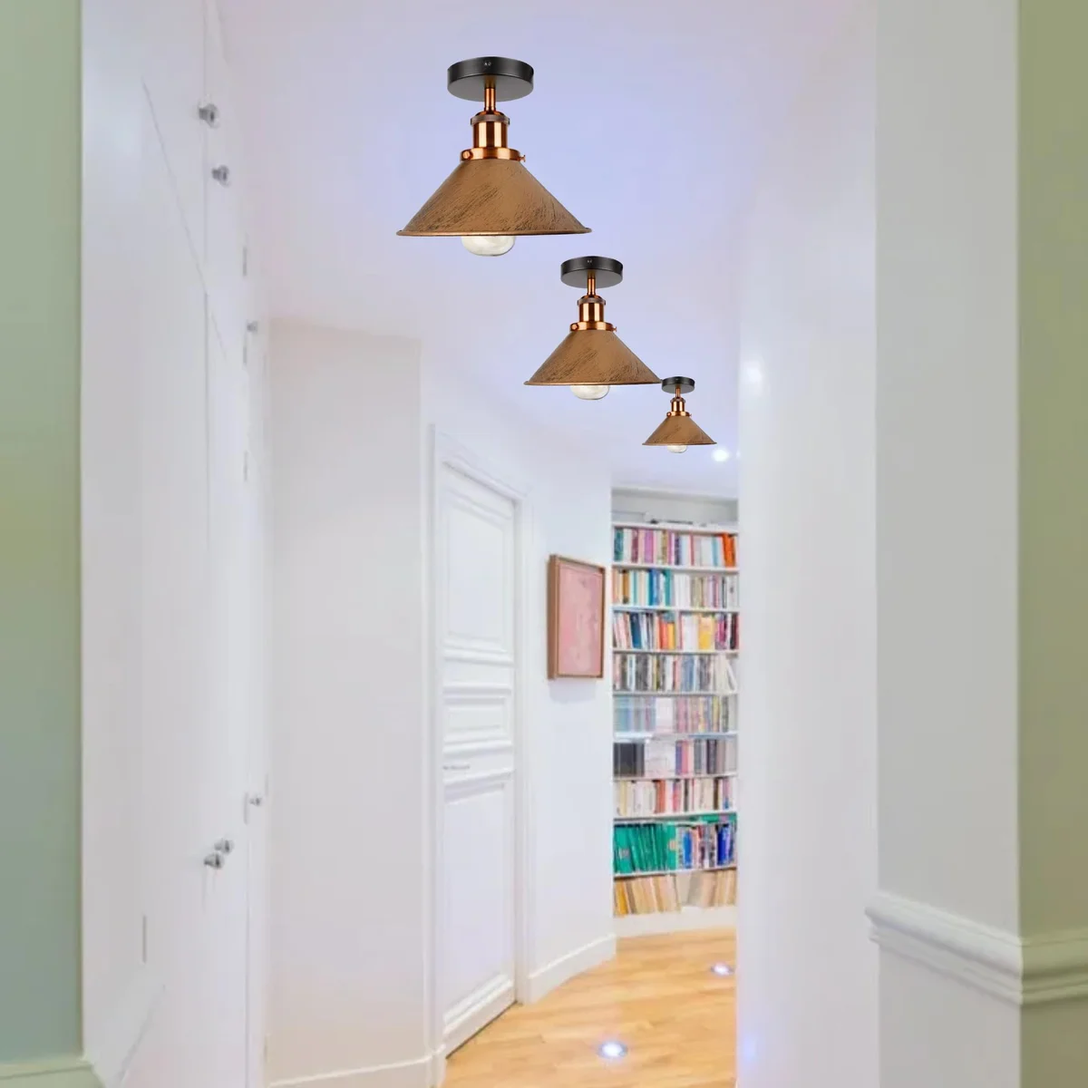 Vintage ceiling light with metallic cone shade, semi flush mount design, suitable for indoor living spaces